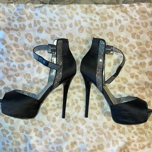 Bakers black satin heels with rhinestones